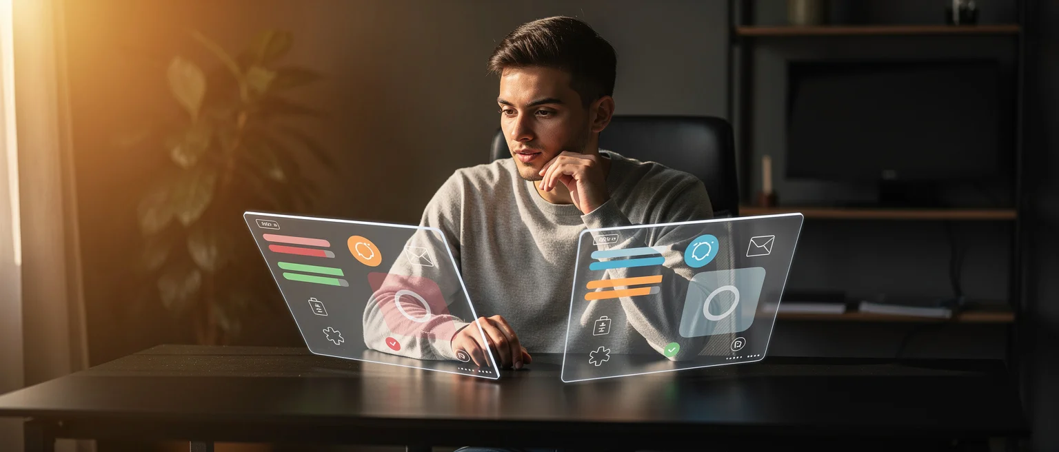 Man working at desk with two transparent laptops displaying colorful digital interface icons and data visualizations.