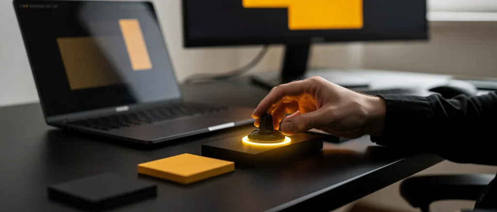 Person's hand pressing a glowing yellow button on a desk with a laptop and monitors in the background.