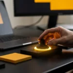 Person's hand pressing a glowing yellow button on a desk with a laptop and monitors in the background.