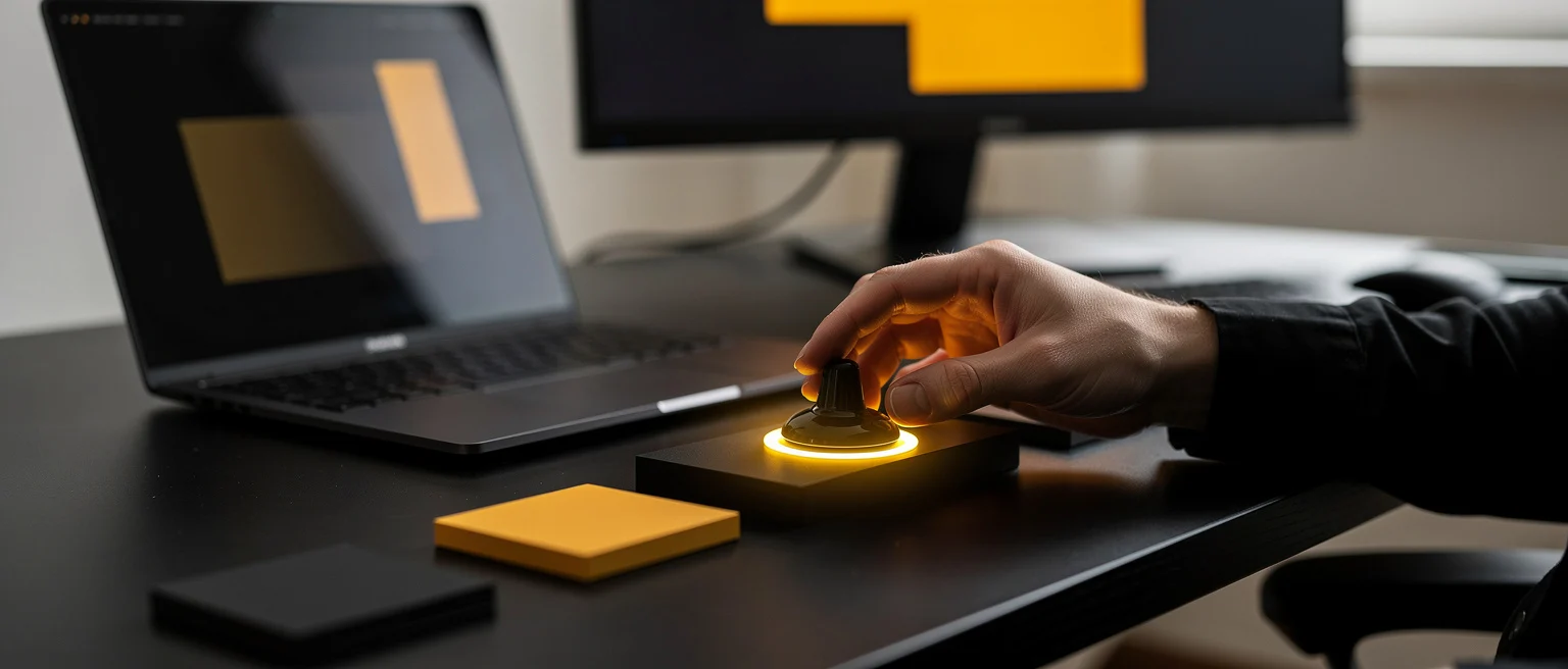 Person's hand pressing a glowing yellow button on a desk with a laptop and monitors in the background.