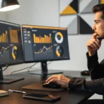 Man analyzing data dashboards with yellow and black charts on dual monitors at a desk.