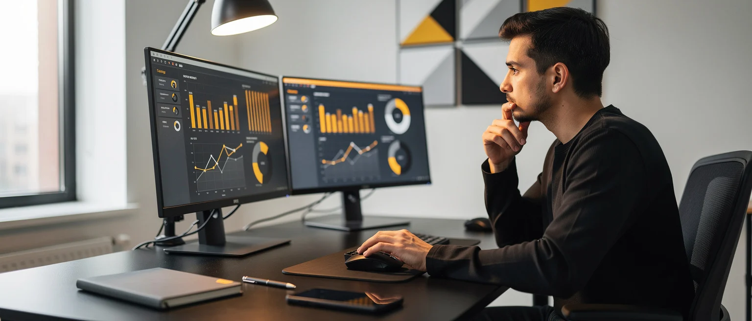 Man analyzing data dashboards with yellow and black charts on dual monitors at a desk.