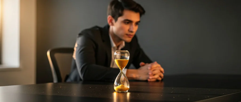 Man in business suit watching hourglass with falling sand on table.