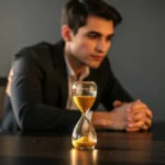 Man in business suit watching hourglass with falling sand on table.