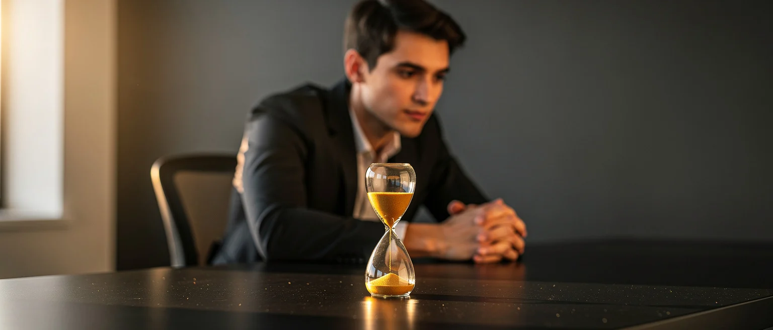Man in business suit watching hourglass with falling sand on table.