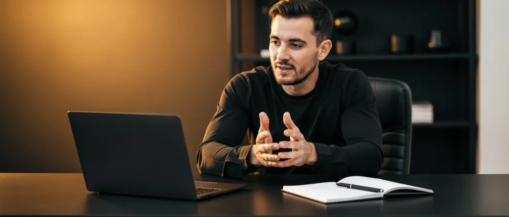 Man in black shirt gestures while speaking at desk with laptop and notebook.