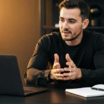 Man in black shirt gestures while speaking at desk with laptop and notebook.