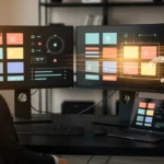 Man at desk with multiple monitors displaying design software and a wireframe robotic arm hologram.