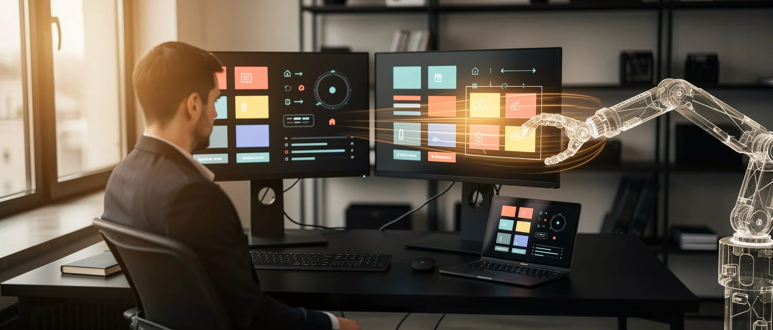 Man at desk with multiple monitors displaying design software and a wireframe robotic arm hologram.