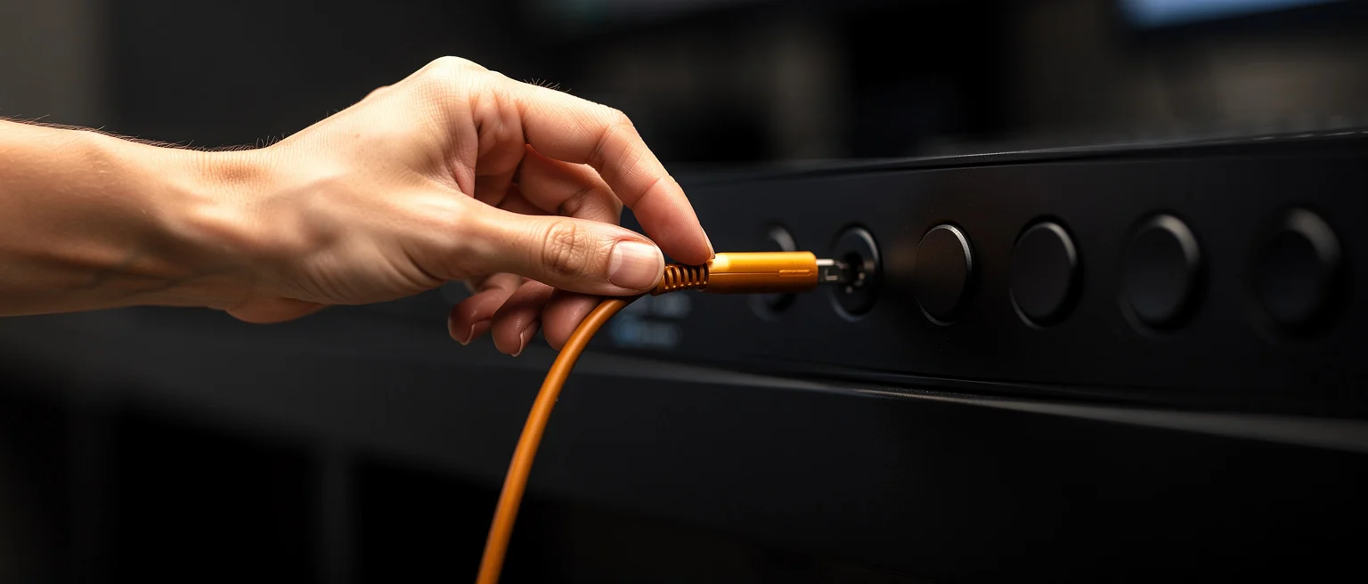 Hand plugging an orange power cord into a black electrical outlet strip.