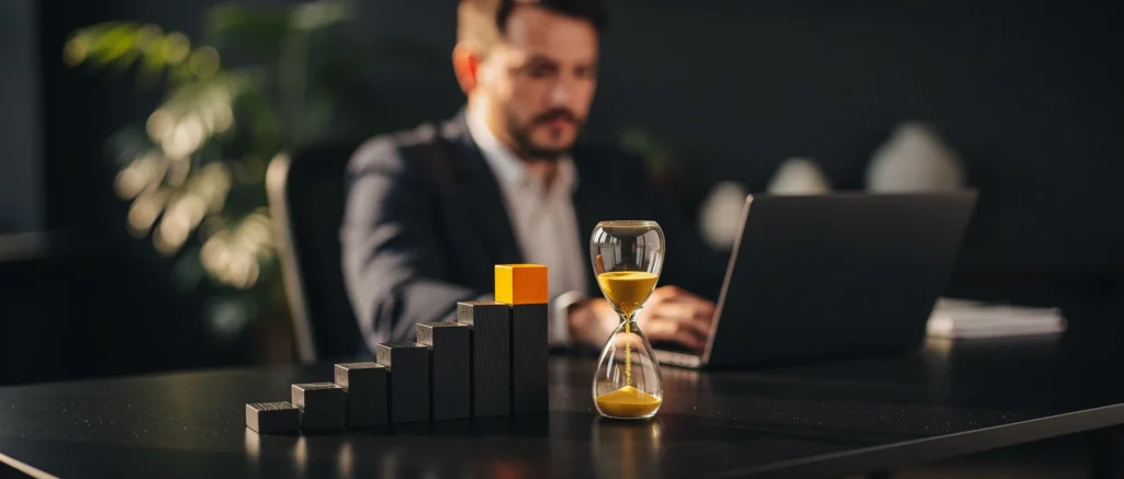 Hourglass and ascending wooden blocks on desk with businessman working at laptop in background.