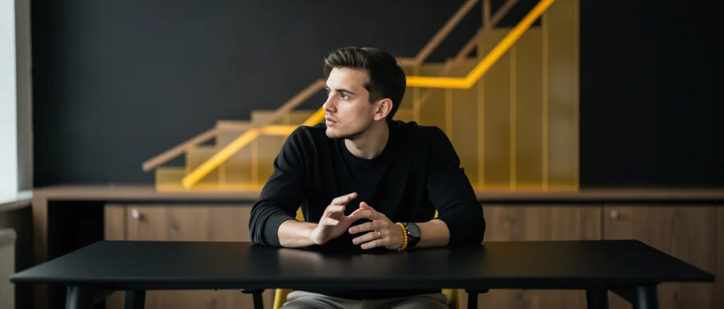 Man in black shirt sitting at dark table with hands gesturing while speaking, yellow staircase visible in background.