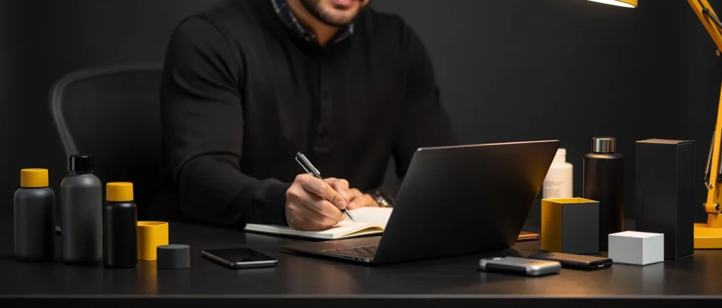 Man in black hoodie writing in notebook at desk with laptop and product containers with black and gold packaging.