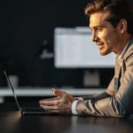 Man in business suit working at laptop with smart speaker on desk in office with multiple monitors.