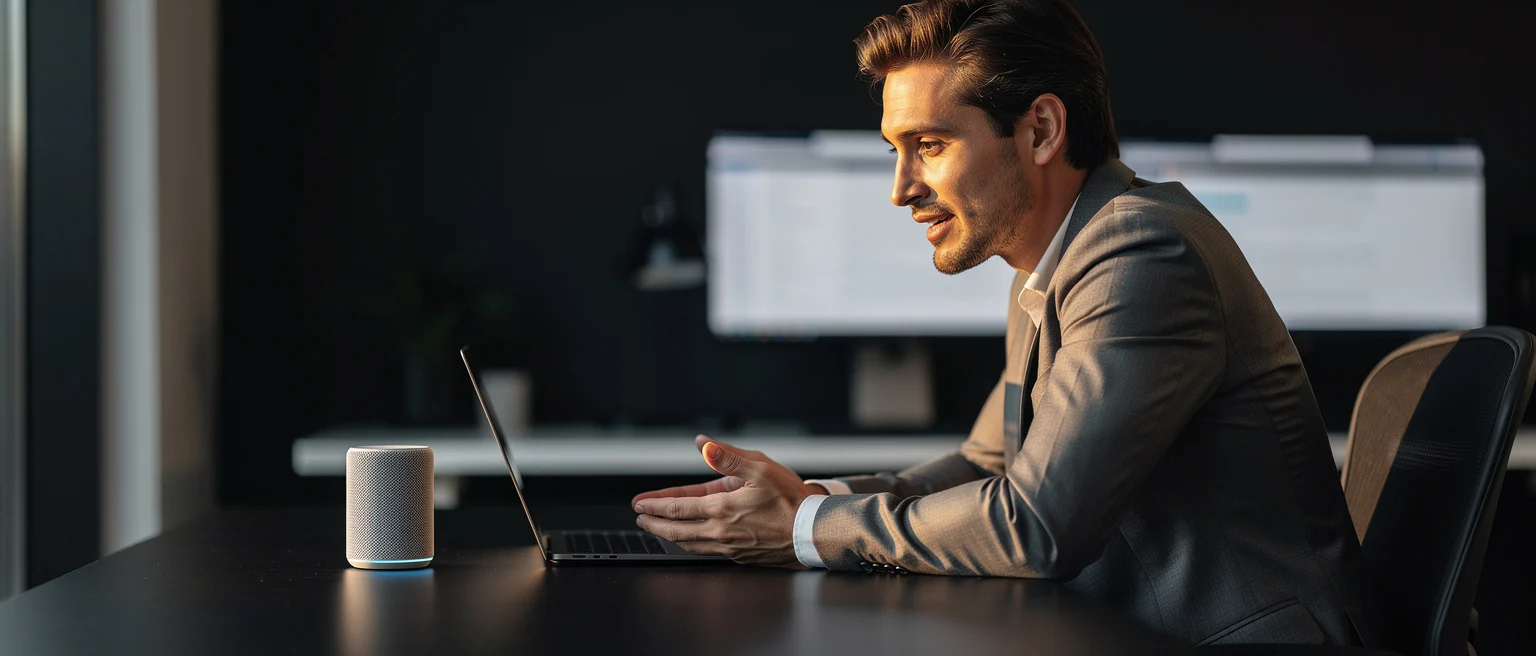 Man in business suit working at laptop with smart speaker on desk in office with multiple monitors.