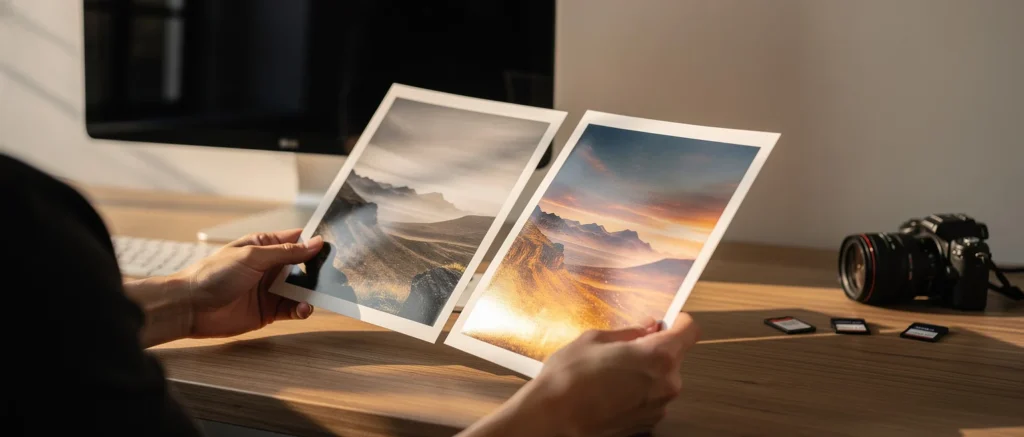 Person reviewing two landscape photographs on a wooden desk with a camera and monitor visible.