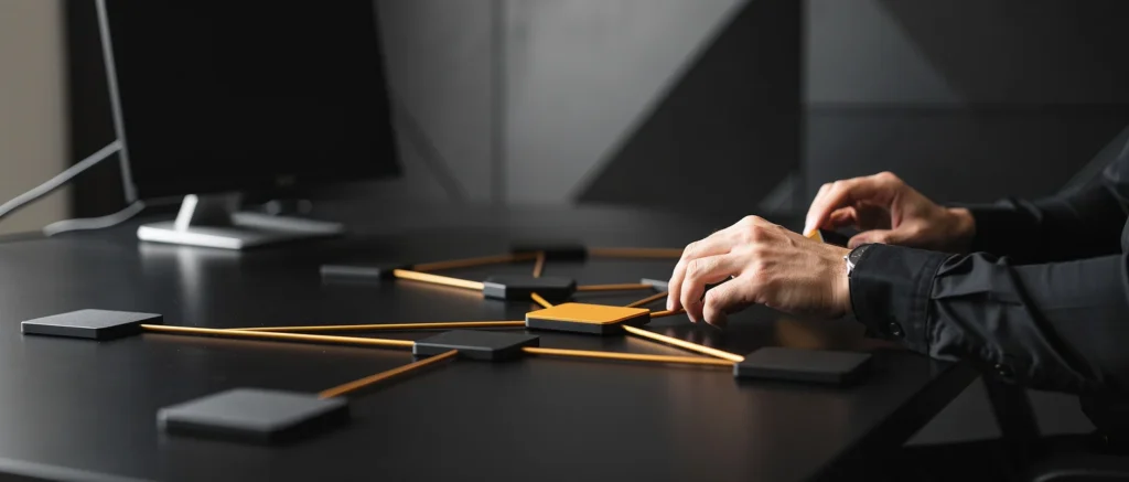 Designer arranging black and gold square tiles connected by orange lines on dark table workspace