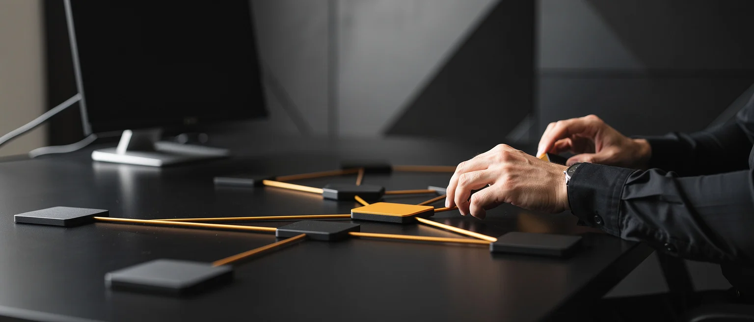 Designer arranging black and gold square tiles connected by orange lines on dark table workspace