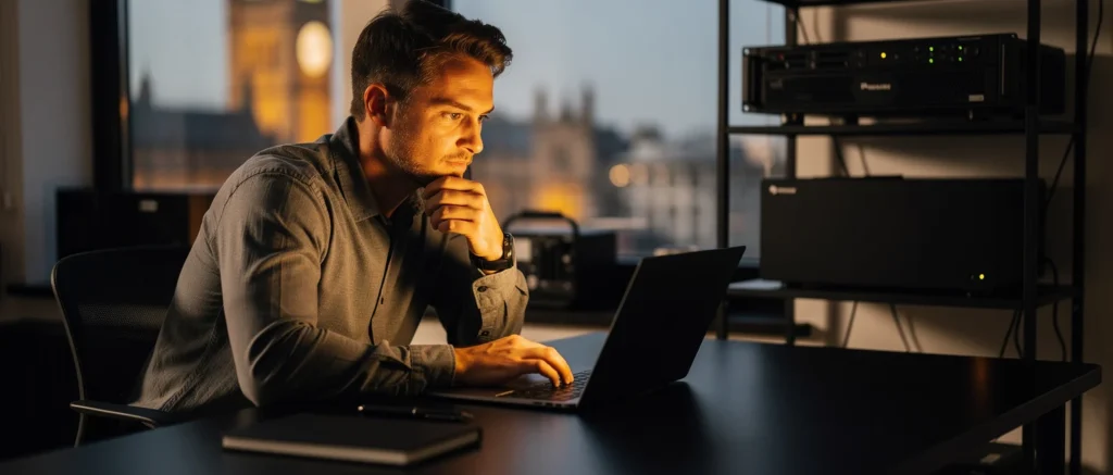 Man in denim shirt working on laptop at desk with city skyline visible through window at dusk.