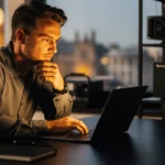 Man in denim shirt working on laptop at desk with city skyline visible through window at dusk.