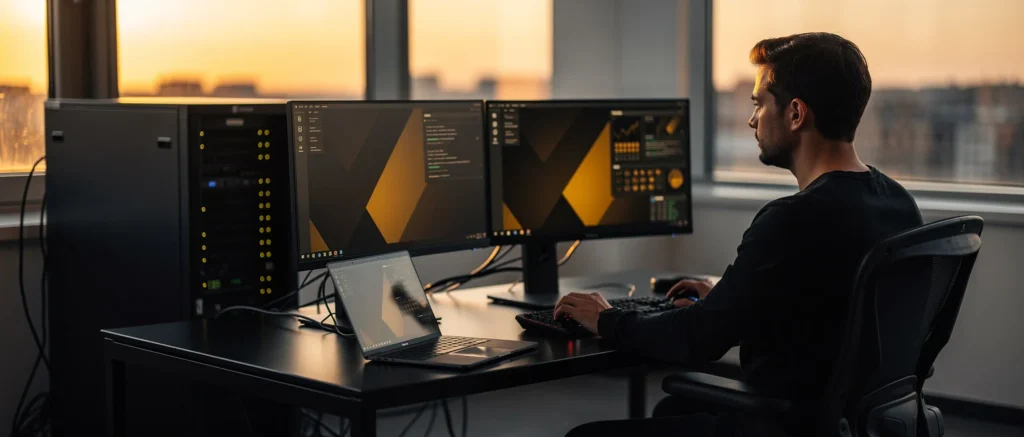 Developer working at multi-monitor desk at sunset in a high-rise office with city skyline in background.
