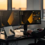 Developer working at multi-monitor desk at sunset in a high-rise office with city skyline in background.