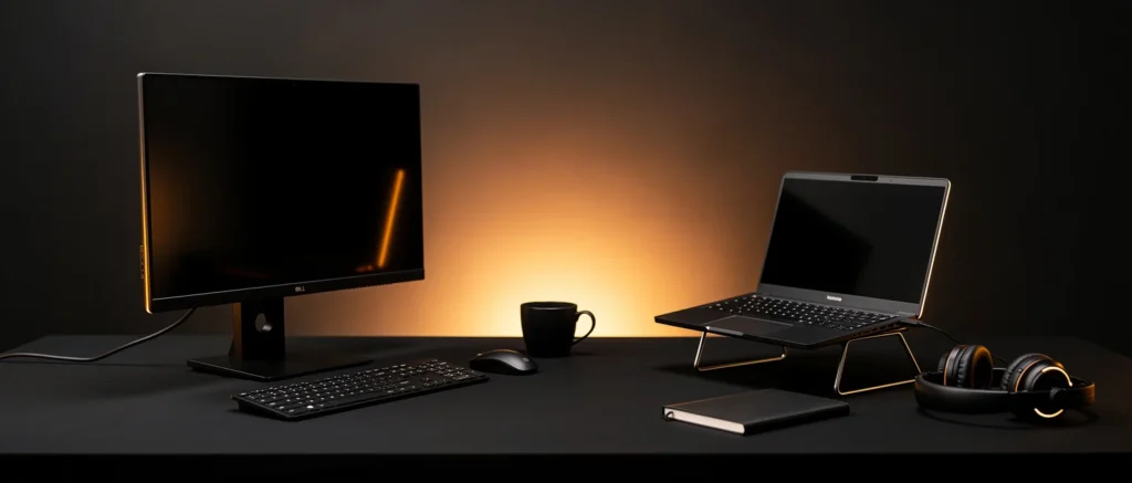 Dark desk setup with monitor, laptop, keyboard, mouse, coffee mug, notebook, and headphones lit by warm backlighting.