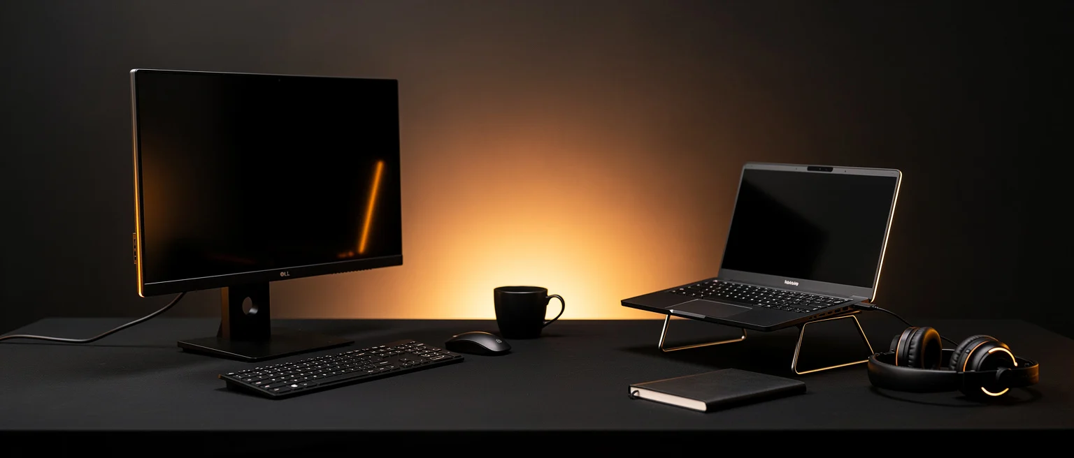 Dark desk setup with monitor, laptop, keyboard, mouse, coffee mug, notebook, and headphones lit by warm backlighting.