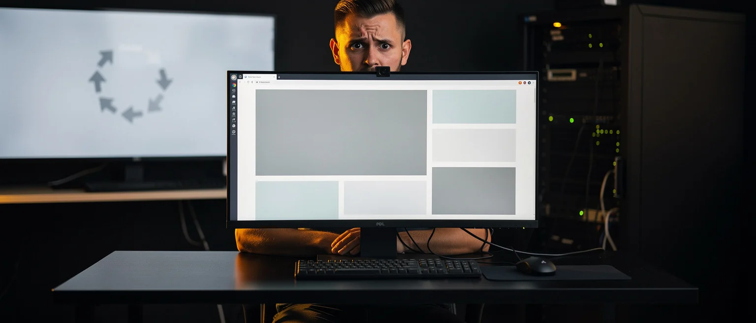 Designer working at desk with dual monitors displaying layout wireframe and design software interface