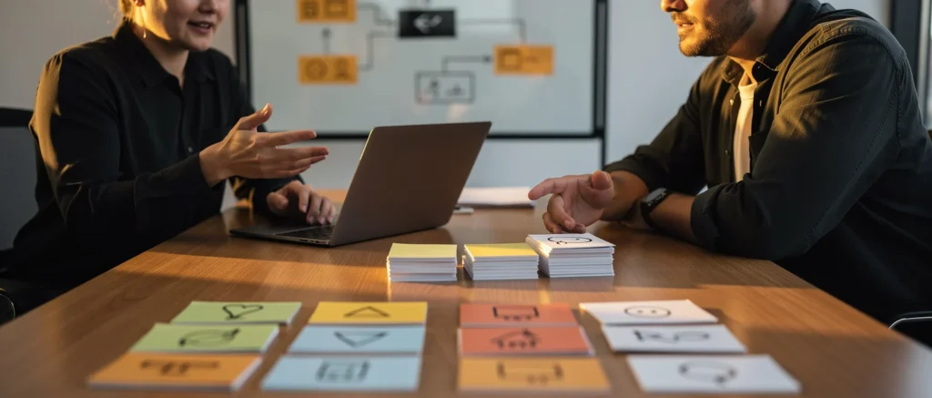 Two people discussing a laptop at a wooden table with colorful sticky notes and notecards arranged in front of them.
