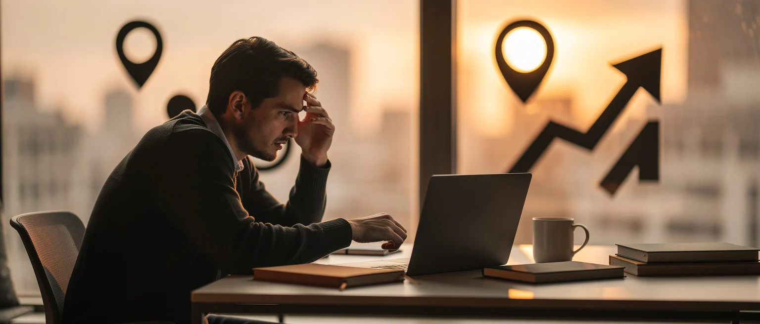 Man at desk with laptop looking stressed, with location pin and upward arrow icons visible on window behind him.