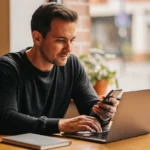 Man in black shirt working at laptop while holding smartphone at a wooden desk with plants and coffee cup.