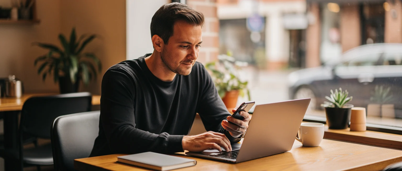 Man in black shirt working at laptop while holding smartphone at a wooden desk with plants and coffee cup.