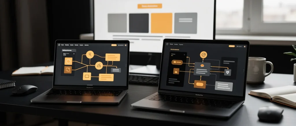 Two laptops displaying workflow diagrams with orange and gray icons connected by lines on a desk.