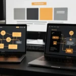 Two laptops displaying workflow diagrams with orange and gray icons connected by lines on a desk.