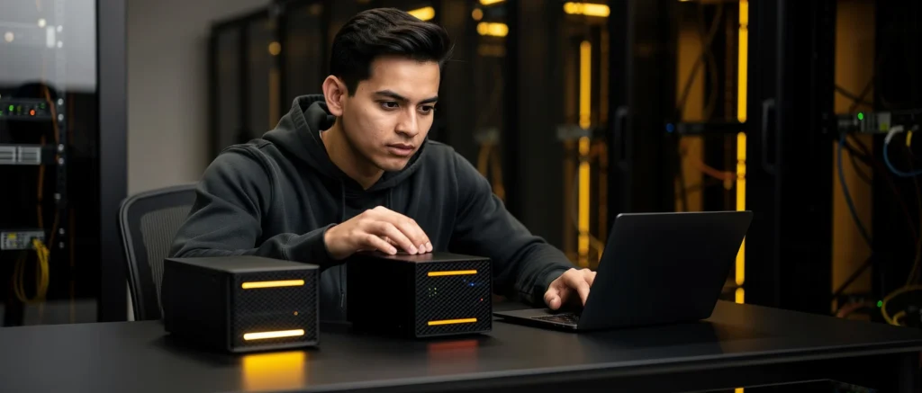 Young man in black hoodie working at desk with laptop and small black server units with yellow accents in a data center.