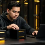 Young man in black hoodie working at desk with laptop and small black server units with yellow accents in a data center.