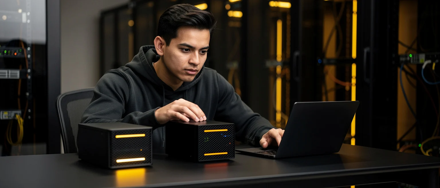 Young man in black hoodie working at desk with laptop and small black server units with yellow accents in a data center.