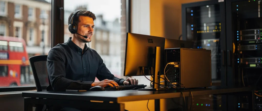Man wearing headset at desk with computer monitors and server equipment in an office overlooking a city street.