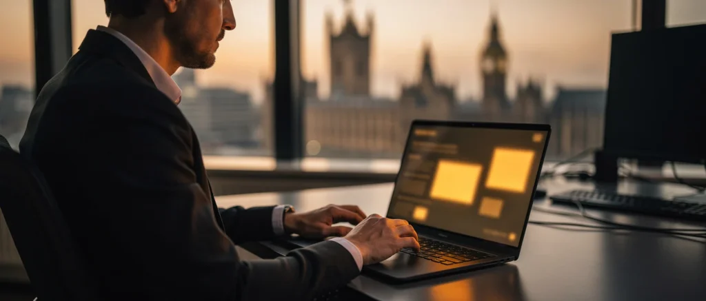Man working on laptop at desk with London skyline visible through window at sunset.