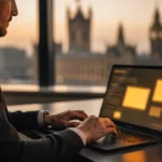 Man working on laptop at desk with London skyline visible through window at sunset.