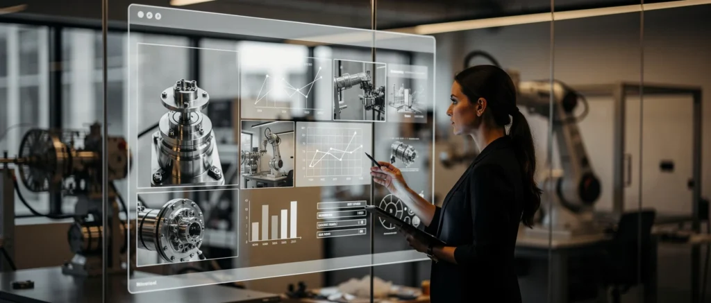 Engineer viewing interactive digital display showing mechanical parts, technical diagrams, and performance charts in industri