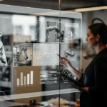 Engineer viewing interactive digital display showing mechanical parts, technical diagrams, and performance charts in industri