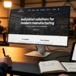 Two men reviewing a manufacturing company website on a desktop monitor and tablet in a factory setting.
