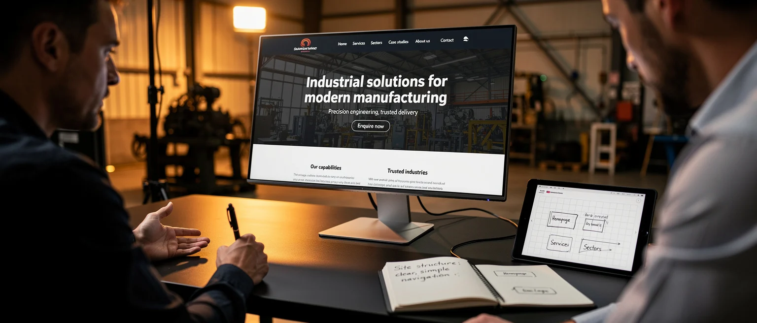 Two men reviewing a manufacturing company website on a desktop monitor and tablet in a factory setting.