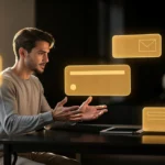 Man at desk gesturing toward floating golden interface icons including email, document, and image symbols.