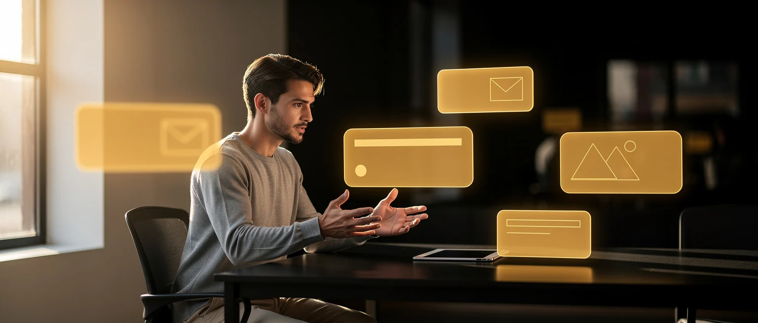 Man at desk gesturing toward floating golden interface icons including email, document, and image symbols.