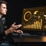 Man sitting at desk viewing holographic data dashboard with gauges and bar charts on dark background.