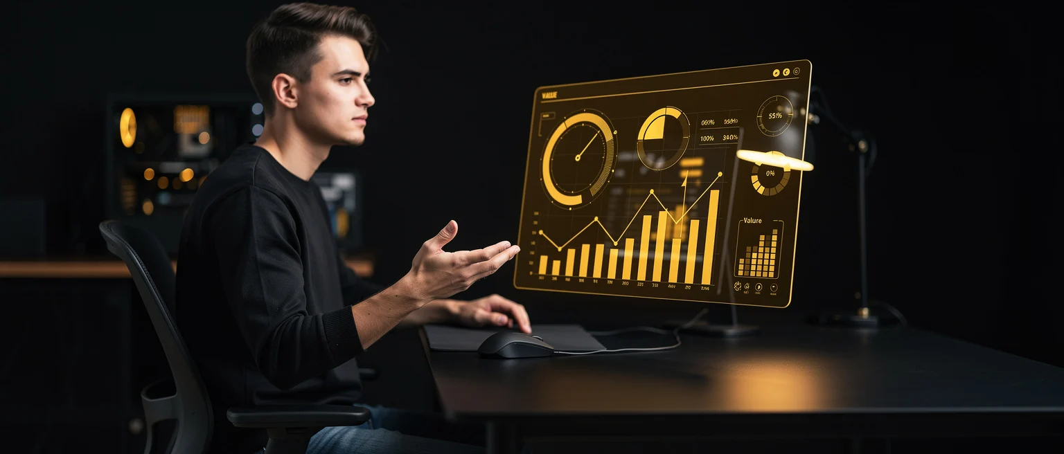 Man sitting at desk viewing holographic data dashboard with gauges and bar charts on dark background.