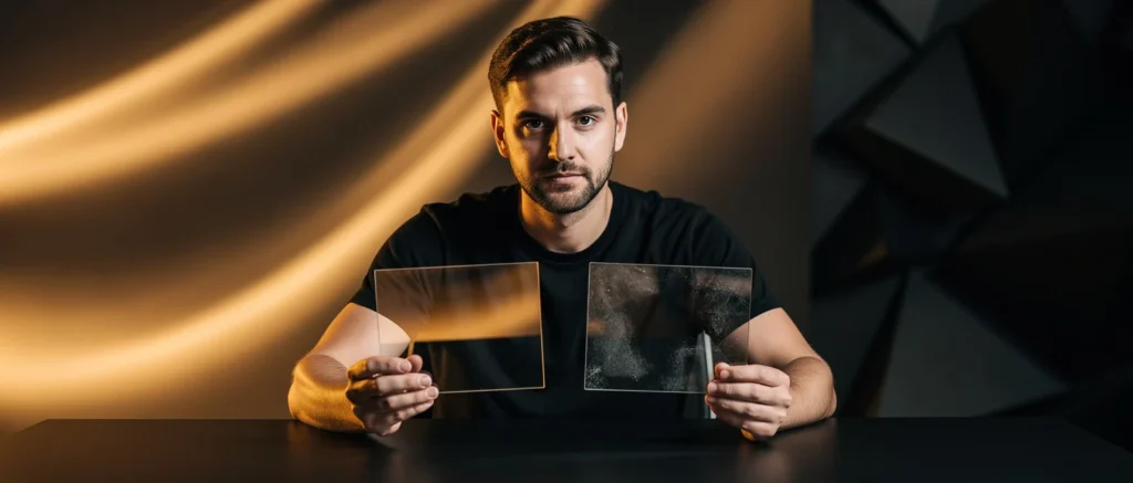 Man in black shirt holding two reflective glass panels under warm studio lighting.